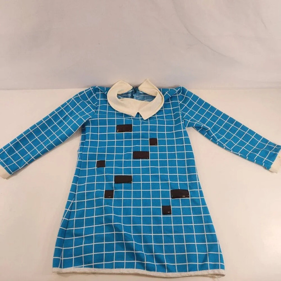 Girls Dress Blue Mod Check Pattern Black & White Collar 1970s 1960s Size 4-5 Vtg - Picture 1 of 13